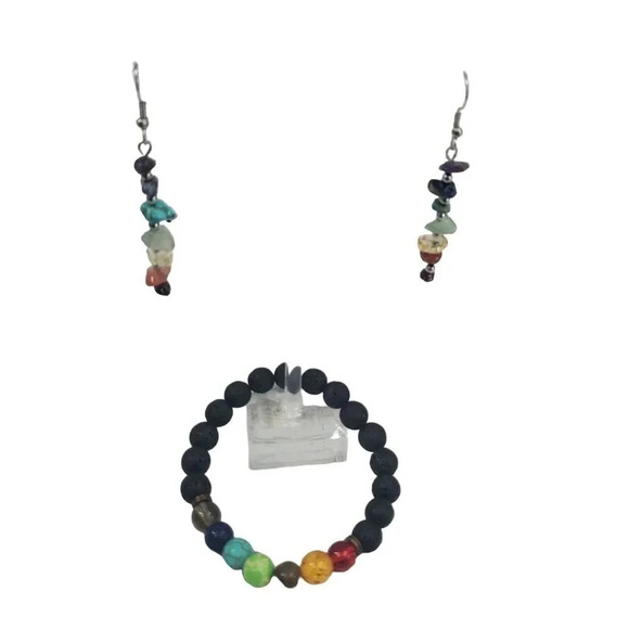 Beautiful Chakra Stones Earrings and Matching Black Lava Stone Chakra Bracelet. - Picture 3 of 9